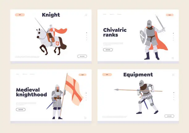 Vector illustration of Knight military equipment, medieval knighthood, history chivalric ranks landing page template set