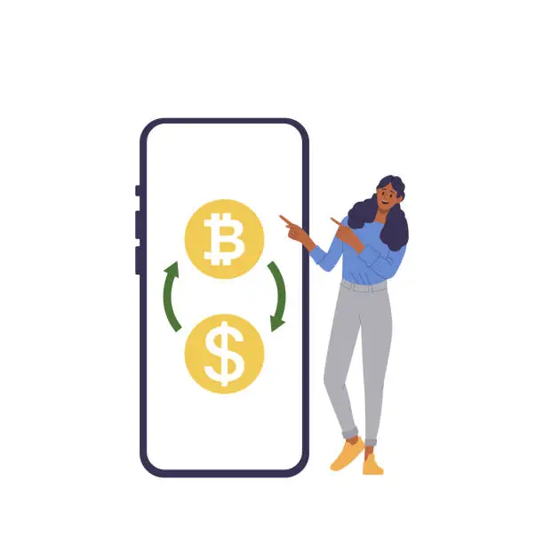 Vector illustration of Happy woman character using mobile phone with cryptocurrency electronic wallet for payment