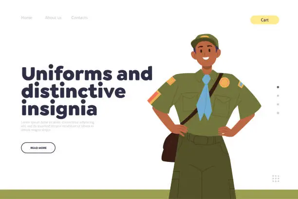 Vector illustration of Uniforms and distinctive insignia for scout club participants landing page design template