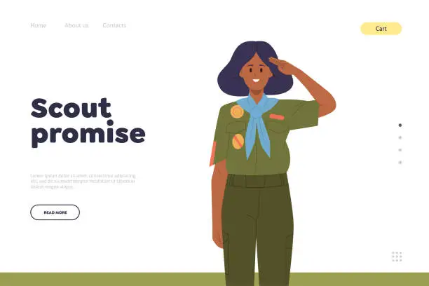 Vector illustration of Scout promise concept for educational online service landing page template with happy girlscout