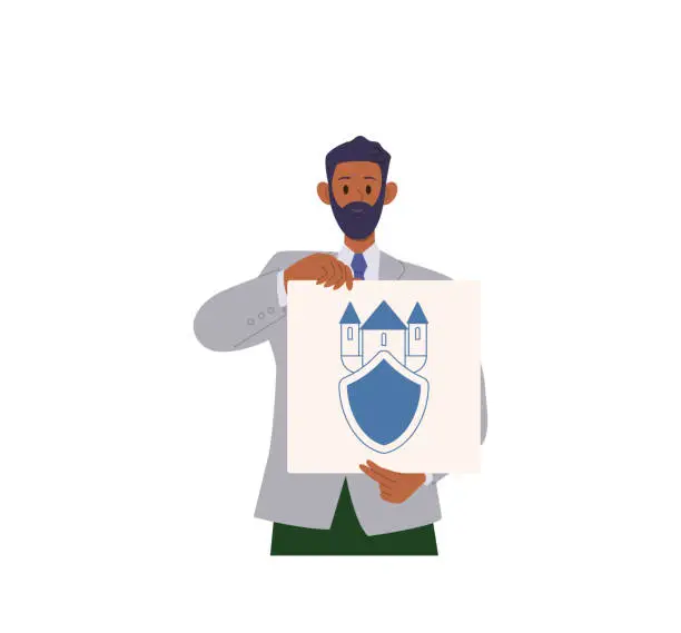 Vector illustration of Man brand logo developer cartoon character demonstrating business identity sign isolated on white