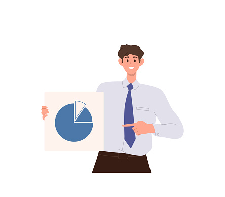 Seo marketer, business analyst male cartoon character presenting financial statistic report in chart standing isolated on white. Vector illustration of freelance worker planning website optimization