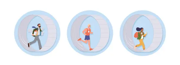 Vector illustration of Busy overworked diverse people stuck in hamster wheel trap running fast round composition set