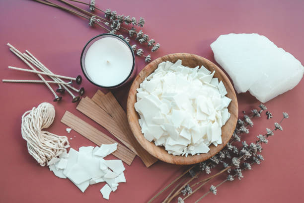 istock Candle making set and lavender on colorful background top view, flat lay 1629477554