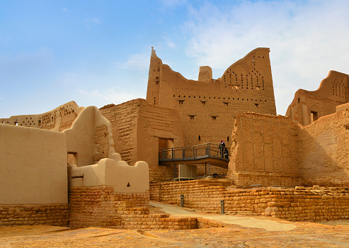 Ar Riyad Province, Saudi Arabia: Salwa Palace (قصر سلوى) entrance and tower, Ad Dir'iyah, At-Turaif historic district, UNESCO World Heritage Site - founded in the 15th century, the district was the original home of the Saudi royal family and the country's first capital, from 1744 to 1818 - Qasr Salwa - Najdi architecture - adobe / mudbrick and rammed earth walls.