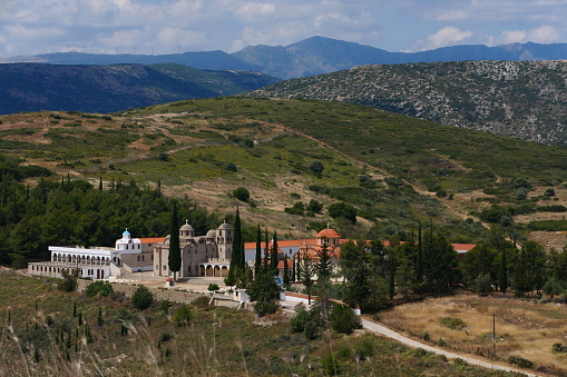 Landscape and monastery around Larissa, the old medieval fortress of Argos, Argolis, Peloponnese, Greece