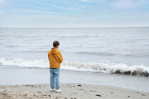 A boy in an autumn jacket stands on the seashore. calm sea. cool weather. rear view