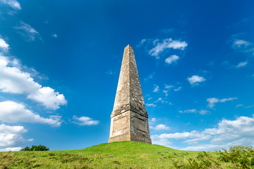 Atop Midsummer Hill,prominent tall landmark monument to Somers Cocks family,nr. Malverns and Eastnor Castle,panoramic views of Malvern,Worcestershire,Cloucestershire and English summer countryside.