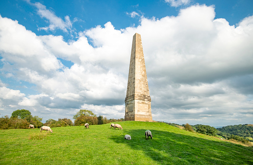 Atop Midsummer Hill,prominent tall landmark monument to Somers Cocks family,nr. Malverns and Eastnor Castle,panoramic views of Malvern,Worcestershire,Cloucestershire and English summer countryside.