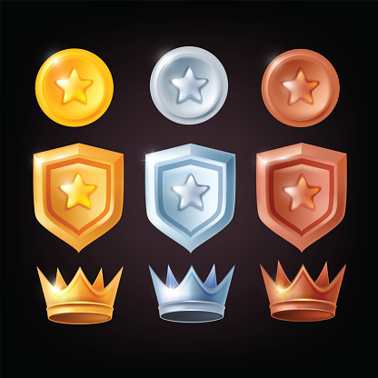 Award medieval king royal icon, bonus winner metal prize bronze trophy success reward. RPG game badge