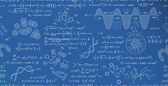 Seamless mathematical formula about scientific discovery on blue chalkboard.