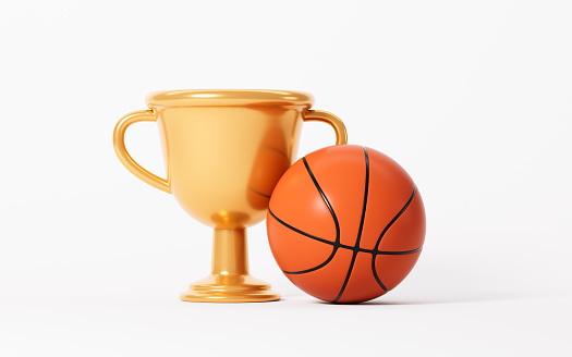 Cartoon trophy and basketball in the white background, 3d rendering. Digital drawing.