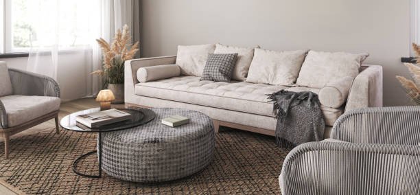 istock Modern scandinavian interior living room. Three picture frame. Empty wall mockup in white room with wooden floor and lots of dry plants. 3d render. High quality 3d illustration 1629511390