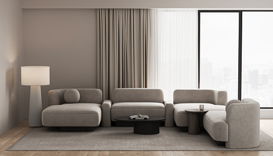 Living room interior design- 3d render beig, gray and brown colored furniture and wooden elements