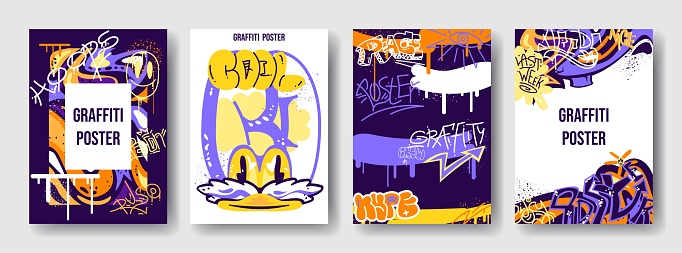 Abstract graffiti posters set. Grunge banner with paint splashes and template text, scribbles and drawings. Covers in street art style. Cartoon flat vector collection isolated on white background