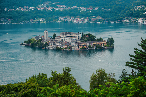 Aerial view of San Giulio Island (Isola di San Giulio) from Sacro Monte di Orta - Piedmont, Italy