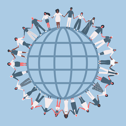 large group of people. Men and women are holding hands, stand around the globe. Multicultural group of people. Vector illustration in blue