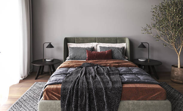 istock Dark bedroom interior mockup with wooden floor, green tree. Orange bed on empty gray wall background. Scandinavian style. 3d render. High quality 3d illustration 1629514493