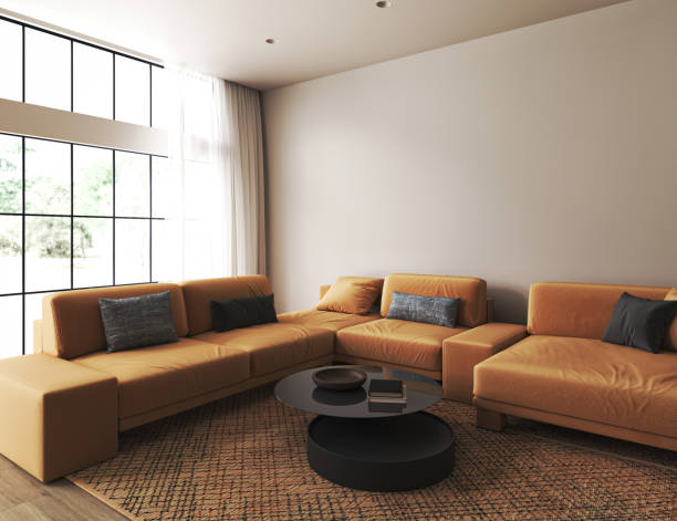 istock Modern light pastel home interior with bright orange couch and scandinavian brown carpet. Big window. Mock up frame beige wall. 3d render. High quality 3d illustration 1629515045