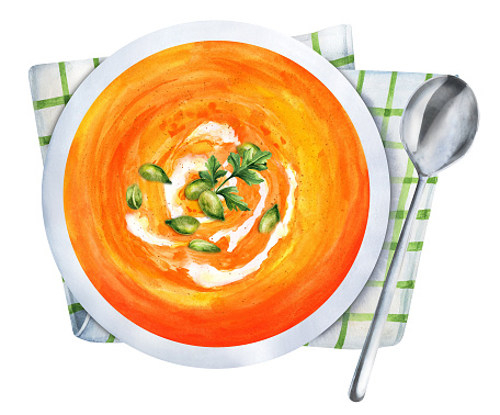 Roasted pumpkin and carrot soup with pumpkin seeds. Top view. Hand-drawn watercolor illustration. Suitable for restaurant, kitchen, menu, recipe and cookbook