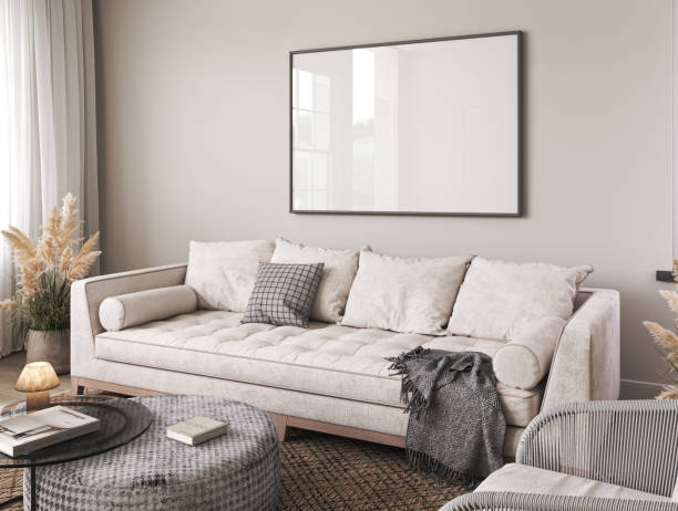 istock White interior design with light sofa, scandi decor and dry grass in modern luxury living room. Frame wall mockup. 3d render. High quality 3d illustration 1629516695