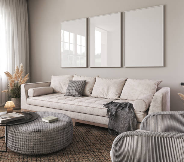 istock Modern scandinavian interior living room. Three picture frame. Empty wall mockup in white room with wooden floor and lots of dry plants. 3d render. High quality 3d illustration 1629517788