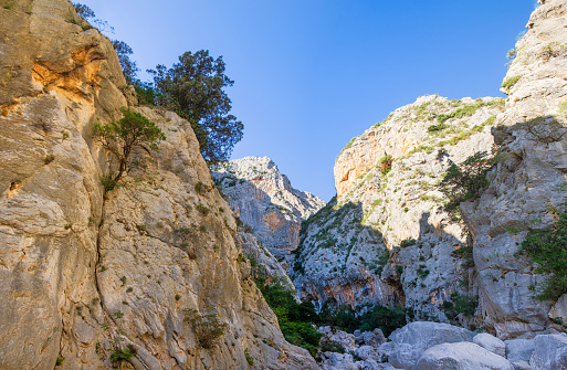 Footpath among the boulders in the Gola di Gorropu, a deep canyon located in the Supramonte area shaped over time by the Rio Flumineddu rivulet (4 shots stitched)
