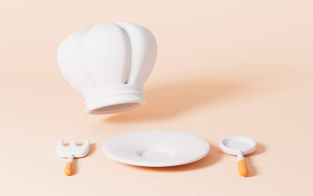 Cartoon cooking hat and tableware in the orange background, 3d rendering. Digital drawing.