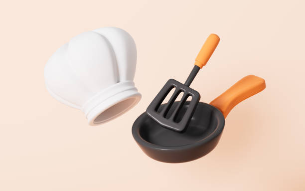Cartoon kitchen pan and chef hat in the white background, 3d rendering. Digital drawing.