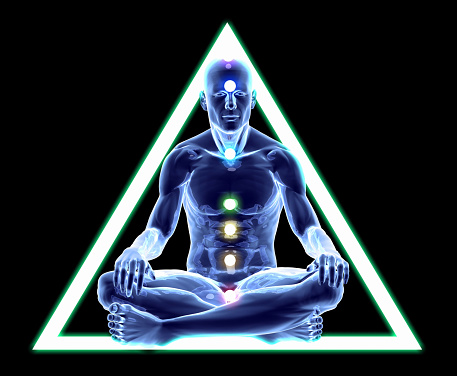 In the dark, the chakras of a yogi sitting in the lotus position shine brightly. In spiritualism, the flat triangle symbol means mastering the sevenfold ground knowledge and is associated with rooting. / You can see the animation movie of this image from my iStock video portfolio. Video number: 1592757076