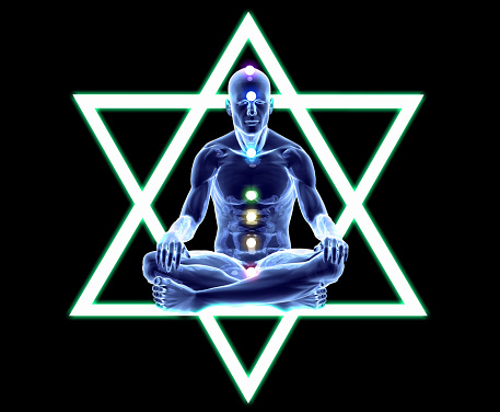 In the dark, the chakras of a yogi sitting in the lotus position shine brightly in a Star. In spiritualism, the flat triangle symbol means mastering the sevenfold ground knowledge and is associated with rooting. The inverted triangle means seven layers of celestial knowledge. The union of these two triangles brings enlightenment.  / You can see the animation movie of this image from my iStock video portfolio. Video number: 1593587331