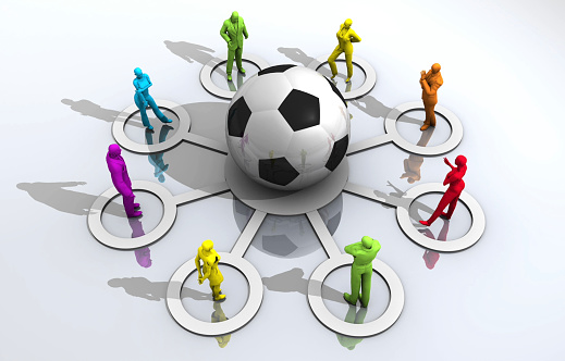 3D animation work showing social connections between people of color in the sport world. Manager or fans around a soccer ball spin roulette on betting sites. / You can see the animation movie of this image from my iStock video portfolio. Video number: 1605935646