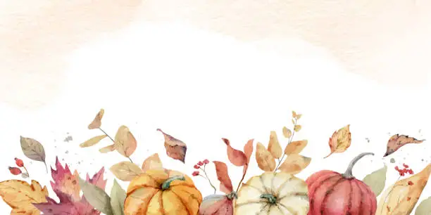 Vector illustration of Watercolor vector autumn border with colorful pumpkins and foliage. Perfect for a Thanksgiving decoration, Harvest Day, invitation, greeting cards. Hand painted  illustration.