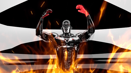 The champion boxer experiences the excitement of the match he won in fire ring with enthusiasm. A devil boxer character saluting the audience in a video game scene. / You can see the animation movie of this image from my iStock video portfolio. Video number: 1593702755