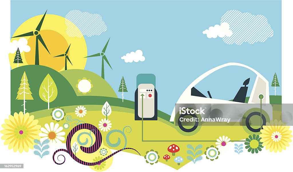 wind farm und Elektroauto Illustrationen - Lizenzfrei Elektroauto Vektorgrafik