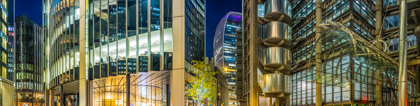 Looking up to the glass and steel skyscrapers in the heart of London’s Financial District.