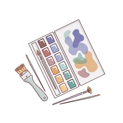 Watercolor paints in cuvettes, a palette, a set of different artistic brushes. Round and flat, flute brush and fan. Vector illustration in doodle style. painting supplies. Isolate, pastel colors.