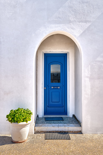 Traditional blue door and whitewashed walls of Greek house entrance and flower pot with rich foliage by doorstep on sunny summer day. Hot summer days, Greek design, Mediterranean island lifestyle, iconic view, Milos, Greece.