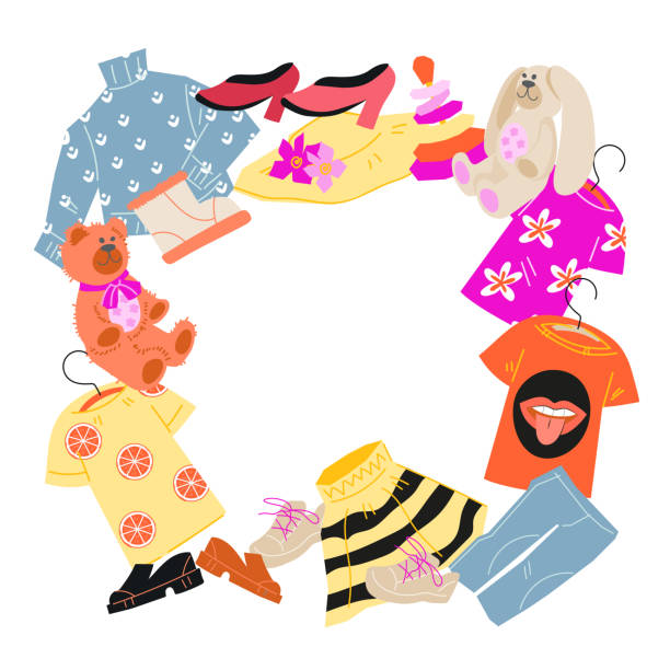 Clothes and shoes form a round frame. Design for sales and shops, vector. Clothes and shoes form a round frame. Design element for sales and shops, swap party flat vector illustration isolated on a white background. fashion bazaar stock illustrations