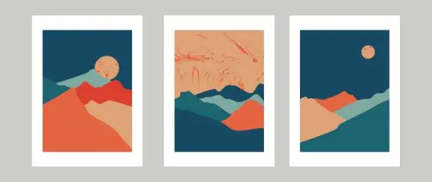Vector illustration of Retro mountains. Vector background. Mid-century landscape art with sun and moon, sea and ocean. Modern art design for acrylic canvas, wallpaper, posters and for metal poster printing.