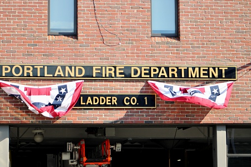 Portland, ME, USA, 9.4.22 - The sign on the front of the Portland Fire Department Ladder Co. 1.