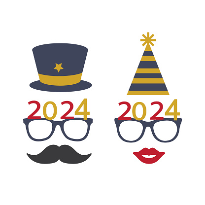 Party glasses and greetings decorated with a hat and stars, ready to be used in New Year's Eve party for 2024.