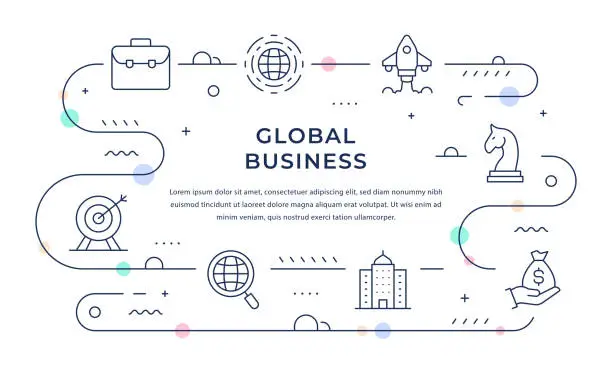 Vector illustration of Global Business Web Banner Design with Line Icons
