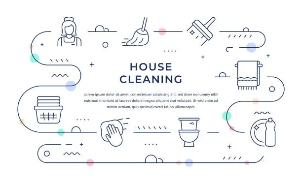 Vector illustration of House Cleaning Web Banner Design with Line Icons