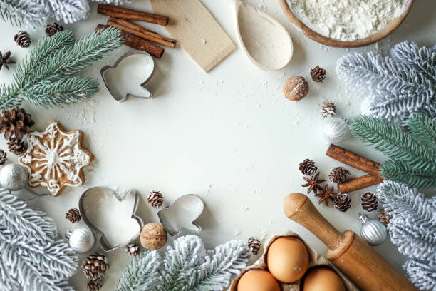 istock Christmas background with place for text. Flour, eggs, cinnamon, form, rocking flat lay top view 1629564218