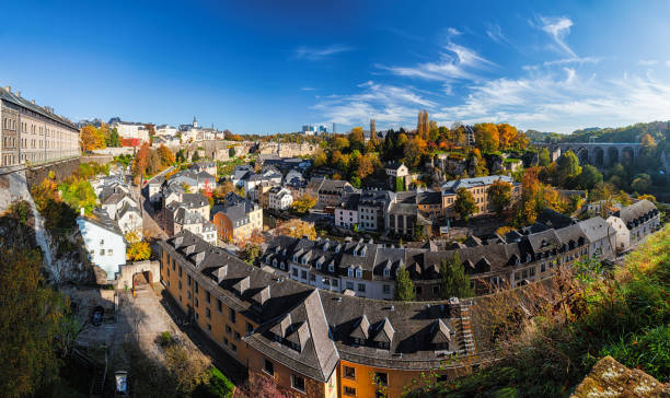 istock Luxembourg old town (Ville Basse) 180 degrees panorama view from balcony in autumn. 1629564258
