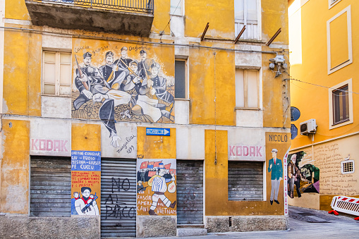 Murals are depicted on the façades of Orgosolo, a town in the Barbagia region famous for its paintings, most of it politically motivated, made by various artists starting from the end of the 60s