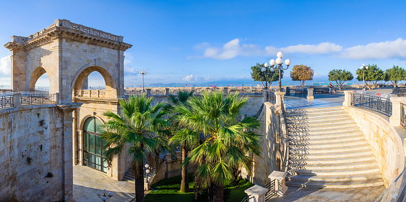 The Saint Remy Bastion is a majestic monument dating from the early XX century built in neoclassical style on the old city’s medieval walls of Cagliari. The stairs lead to the large panoramic Umberto I Terrace (6 shots stitched)