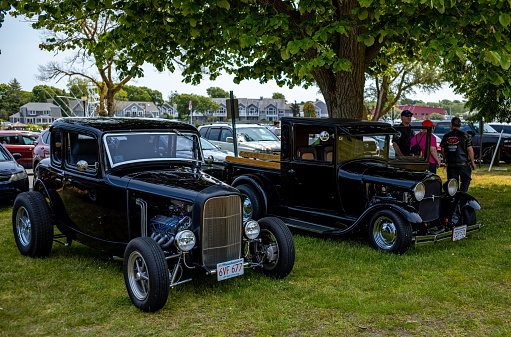 Scenes from the summer car show in Falmouth, MA on Cape Cod.  This annual events enjoyed by residents and tourists alike.