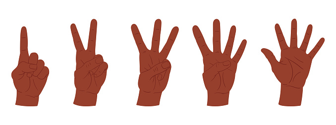 Counting hands. Cartoon hand palms gestures, counting from one to five gestures flat vector illustration set. Hands with countdown gestures